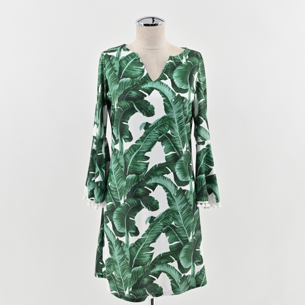 Patti Biggs Barbara Dress Womens‎ Size S Green White Tropical Pompoms Leaf Shift